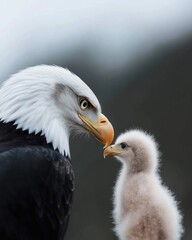 Obraz premium Eagle parenting adult bald eagle and chick natural habitat wildlife close-up nurturing concept