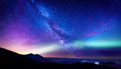 Fototapeta premium Fantasy starry night sky, blue and purple colorful, galaxy and aurora