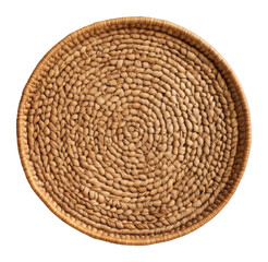 Round woven wicker basket on transparent background, natural material and texture concept