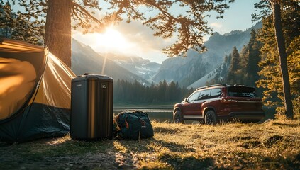Camping, sunny morning, mountains, car, outdoors
