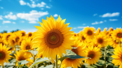 Obraz premium Sunflower field with cloudy blue sky. Sunflowers landscape