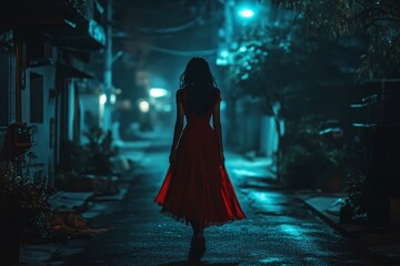 Woman in Red Dress Walks Alone at Night