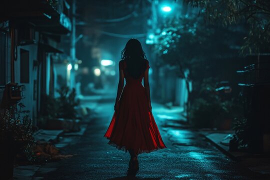 Woman in Red Dress Walks Alone at Night