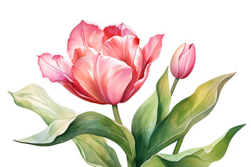 Fototapeta premium Watercolor pink tulip flower illustration with a single bloom and vibrant green leaves