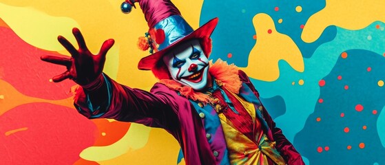 Clown Magician in Colorful Pop Art Background