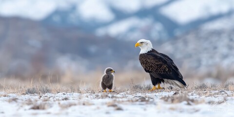 Eagle and chick interaction snowy wilderness wildlife natural habitat ground level parenting in nature