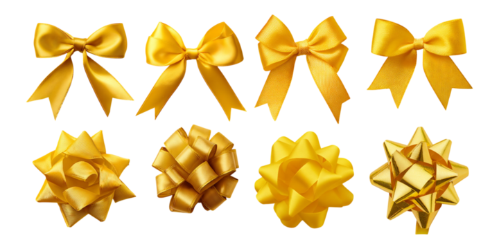 Assorted Yellow Ribbons and Bows for Gift Wrapping and Decoration, isolated on transparent background
