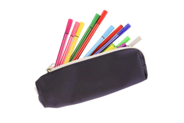 Colorful pens in a pencil case. Back to school supplies