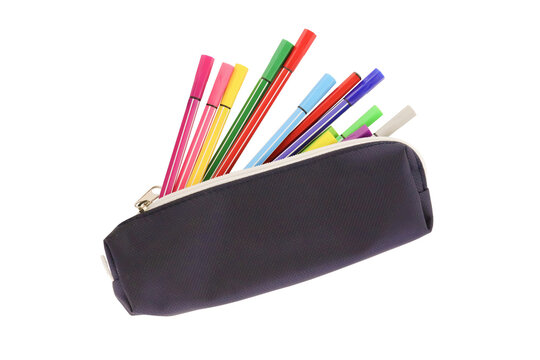 Colorful pens in a pencil case. Back to school supplies