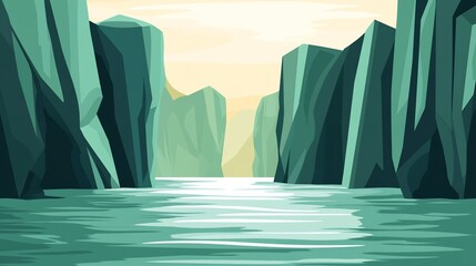 Calm river flows through a serene canyon at sunset; nature background for travel brochure