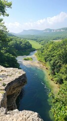 Serene river flowing through lush green hills nature landscape daylight aerial view tranquility