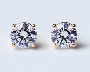 Two diamond stud earrings on white surface for online jewelry store. Generative AI