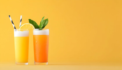Two glasses of fruity drink with straws and mint, on yellow background, advertisement. Generative AI