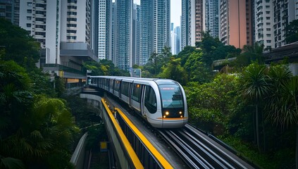 Naklejka premium Urban light rail train, elevated tracks, lush greenery, city buildings