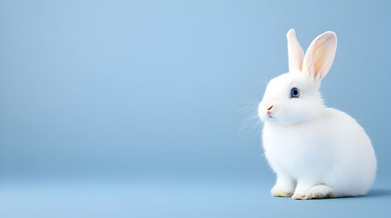 Obraz premium White rabbit sits, stares right. Blue background for Easter, childhood, pet ad. Generative AI