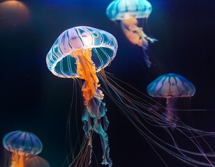 Floating Glowing Jellyfish in a Dark Liquid Environment