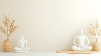 Yoga figures meditating indoors with plants; lifestyle, mindfulness, calm promotion. Generative AI
