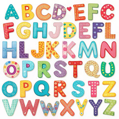Fototapeta premium Colorful alphabet letters, learning, studio, white background, educational