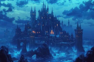 Fototapeta premium Majestic illuminated castle perched upon rocky formations amidst ocean waters