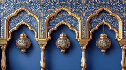 Majestic Islamic Architecture: Intricate Gold and Blue Arabesque Design