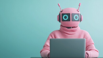 Innovative robot working on laptop modern office digital art minimalistic environment front view technology concept