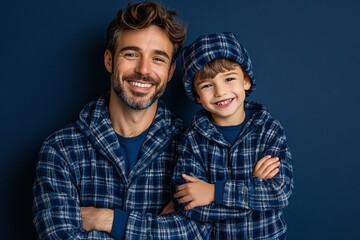 Happy father and son wearing matching pajamas