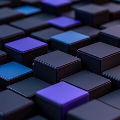 Abstract 3D Rendering of Black Cubes with Purple and Blue Accents