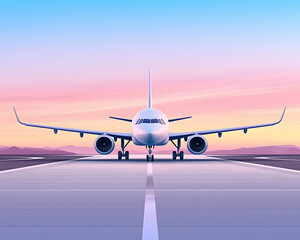 Airplane taking off at sunset runway. Travel, flight and transport background image. Generative AI