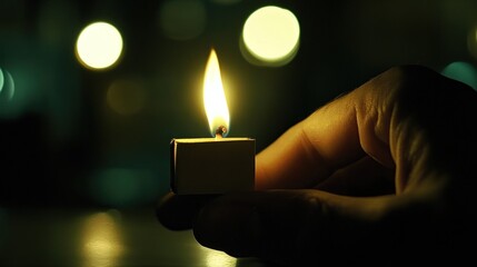 A hand holds a lit candle, casting a warm glow in a dimly lit environment.
