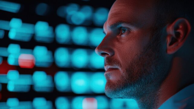 Data analyst monitoring complex systems tech lab digital interface futuristic environment close-up perspective