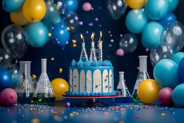 A birthday cake styled after a classic science experiment setup, surrounded by playful science-themed balloons on a fun chemistry lab stage.