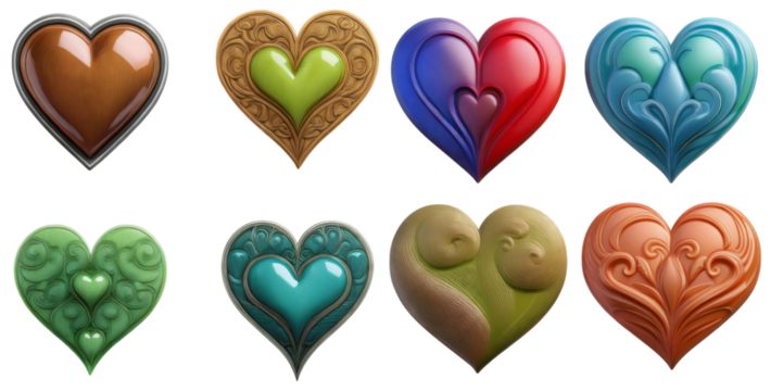 Colorful Artistic Hearts Collection for Creative Projects, isolated on transparent background