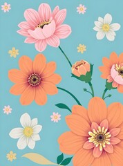 Pastel Floral Design Peach, Pink, White Flowers, Blue Background