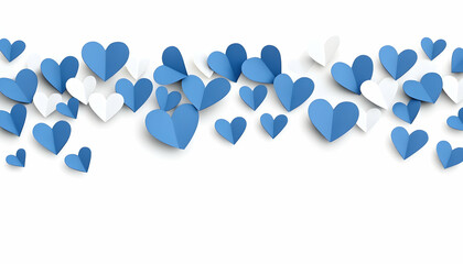 Fototapeta premium Blue and white paper hearts scattered on a white surface, use for social media. Generative AI