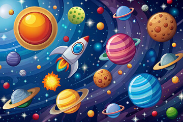 Rocket soaring through colorful galaxy, cosmic background, kids' educational illustration