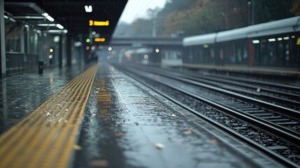 Rainy train station platform, commuters, wet tracks, travel