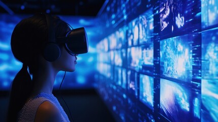 Woman uses VR headset exploring data wall, futuristic background