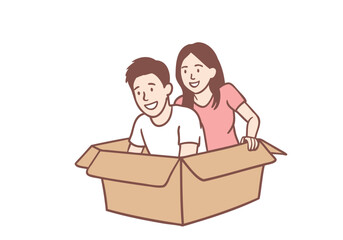 Happy young couple rolling around in cardboard boxes during renovation and moving. Hand drawn style vector design illustrations.