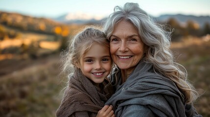 Fototapeta premium Grandmother and Granddaughter: A heartwarming autumn portrait filled with love, happiness, and family connection in a beautiful landscape.