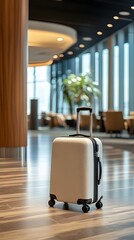 1. A compact carry-on suitcase with smooth wheels and a retractable handle, placed in an airport lounge