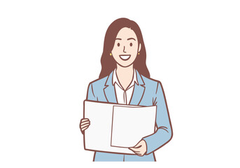 Smiling businesswoman showing folder with white mockup paper. Hand drawn style vector design illustrations.