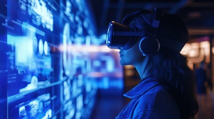 Woman using VR headset, exploring digital data wall, futuristic exhibit
