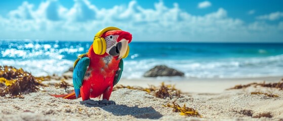 Obraz premium Playful Parrot in Yellow Headphones by the Ocean
