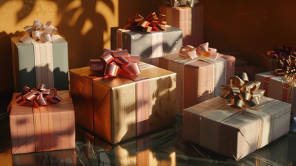A group of wrapped gifts with ribbons and bows in warm, festive colors.