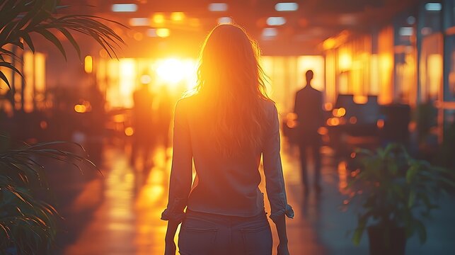 Woman walking office sunset, colleagues blurred background, leaving work