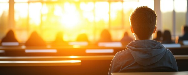 A person sits quietly in a classroom, illuminated by warm sunlight streaming through windows, creating a serene and contemplative atmosphere.