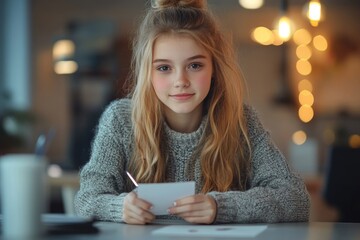 A young woman with long blonde hair sits at a table, holding a card in a cozy setting.