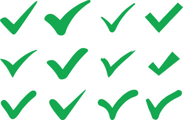 Green Check mark right or correct icons. Different style and shape checklist designs. Check-mark for voting, approval, selection, business, office, poster, and web designs. Editable vector, EPS 10.