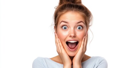 Amazed woman, hands on cheeks, white background, portrait, website