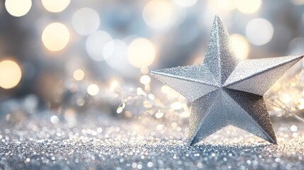 Sparkling Silver Star with Twinkling Bokeh Lights